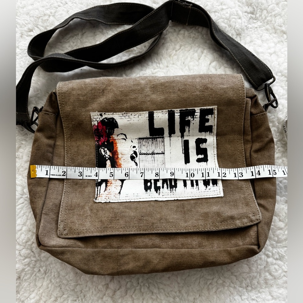 Vintage Brown Canvas Satchel with Artistic Design - Picture 10 of 12